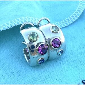 Tiffany Silver 18k Gold Etolie Hoop Huggie Earrings Sapphire Tourmaline Peridot